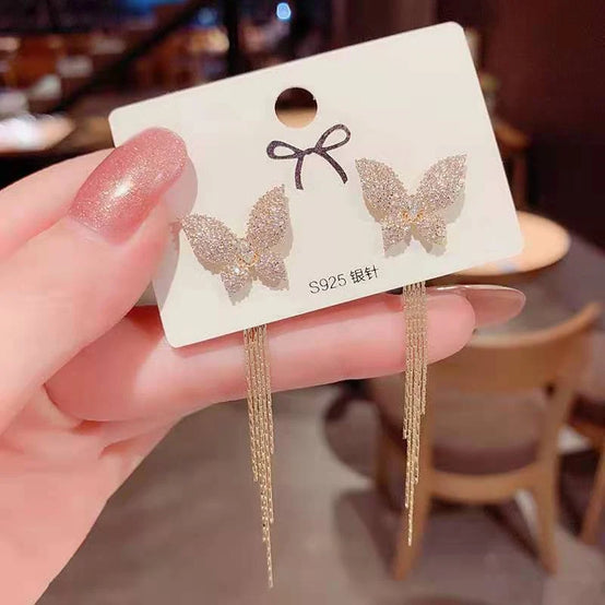 Cubic Zirconia Butterfly Tassel Earrings