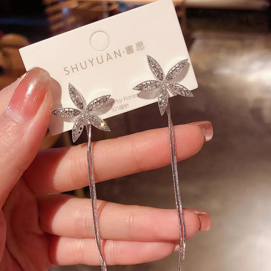 Cubic Zircon Flower Stud Tassel Earrings